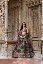 Presenting Green Color  Organza with Digital print Lehengha choli